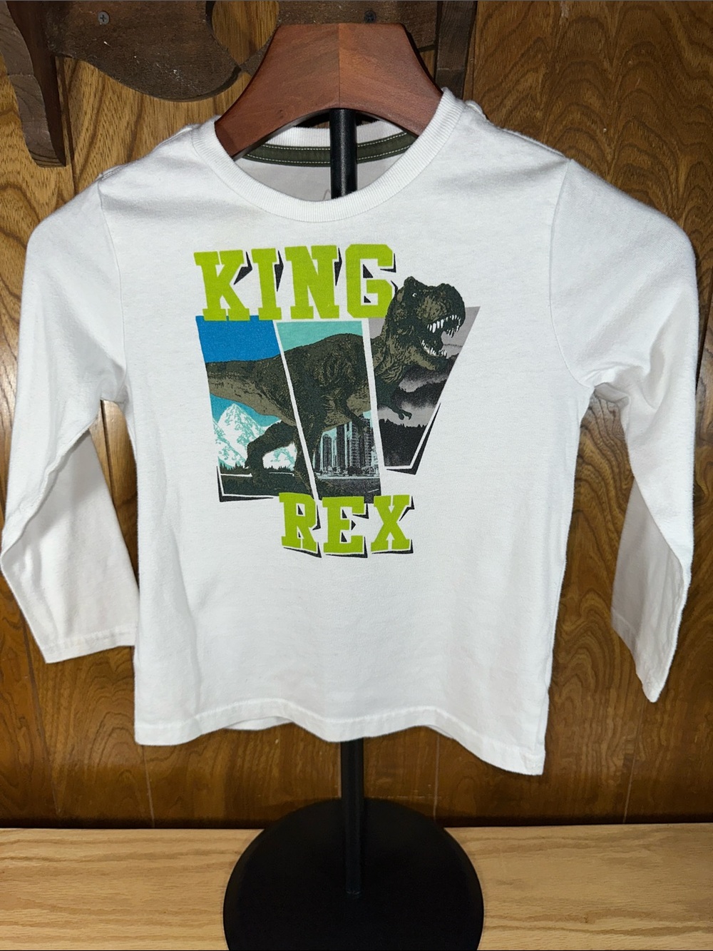 🎉Garanimals White Long-Sleeve "King Rex" Dino Tee with Green & Blue Accents.D209